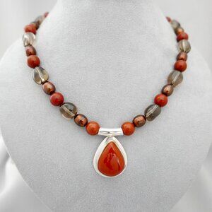 Pendant Necklace: Orange Jasper, Smoky Quartz, Bronze Pearl, Sterling Silver
